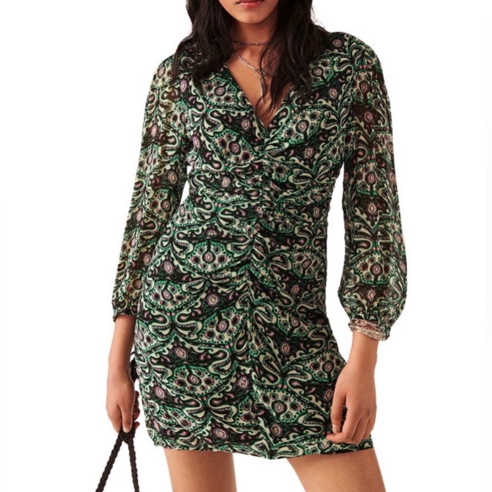 ba&sh Green Paisley Ruched V-Neck Mini Dress